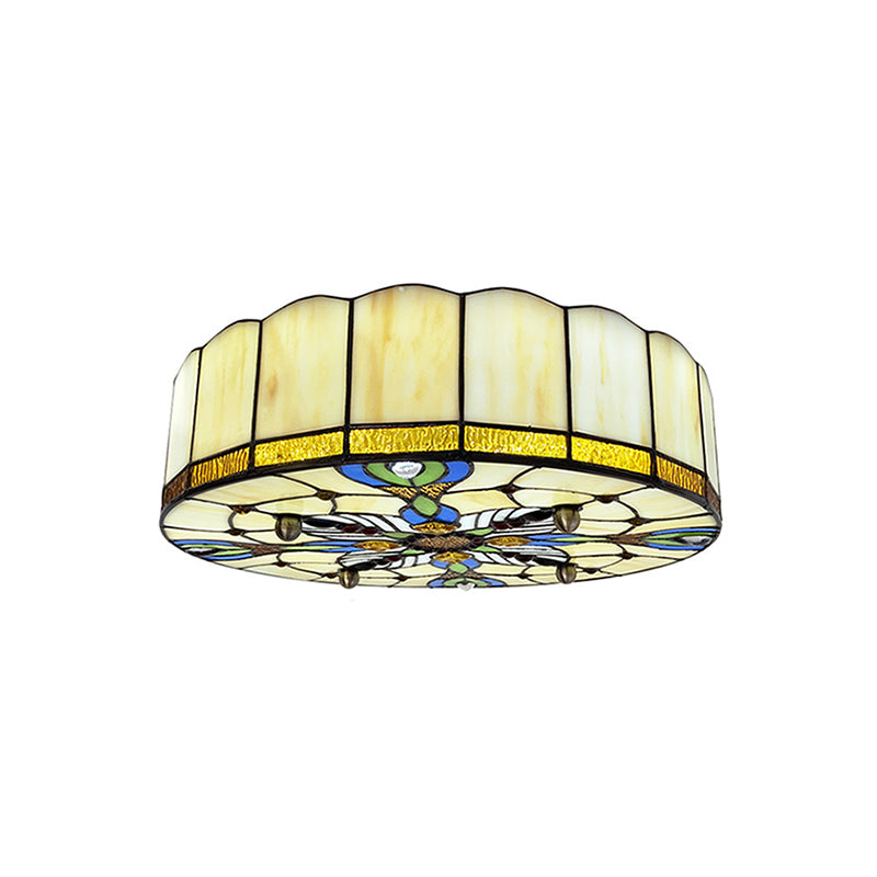 Drum Ceiling Mount Light Mediterranean Stained Glass Flush Mount Fixture for Bedroom