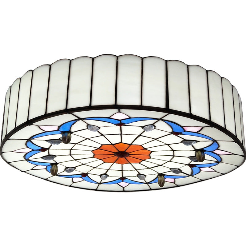 Drum Ceiling Mount Light Mediterranean Stained Glass Flush Mount Fixture for Bedroom