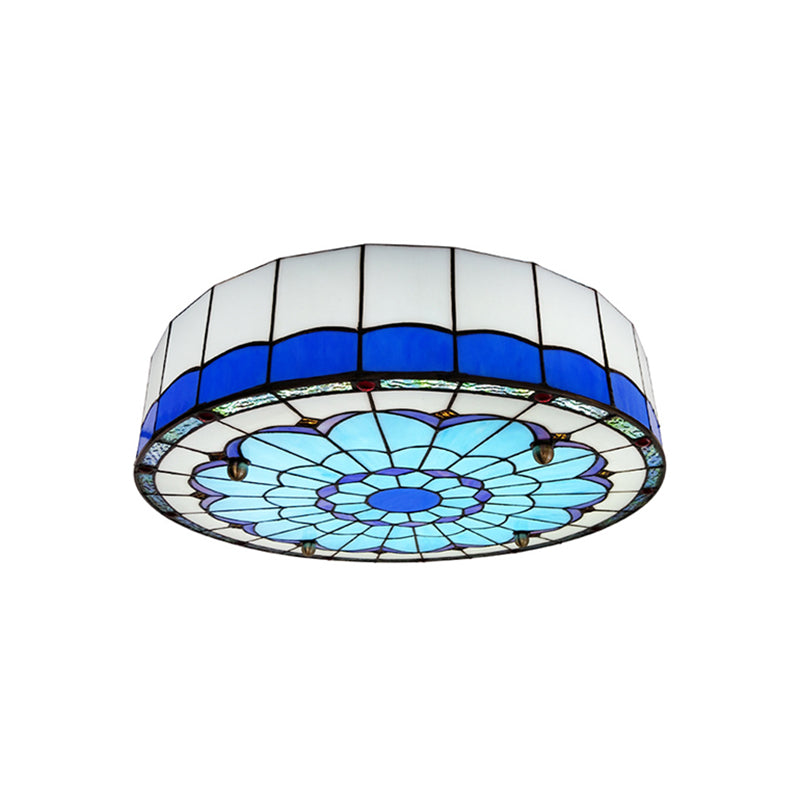 Drum Ceiling Mount Light Mediterranean Stained Glass Flush Mount Fixture for Bedroom