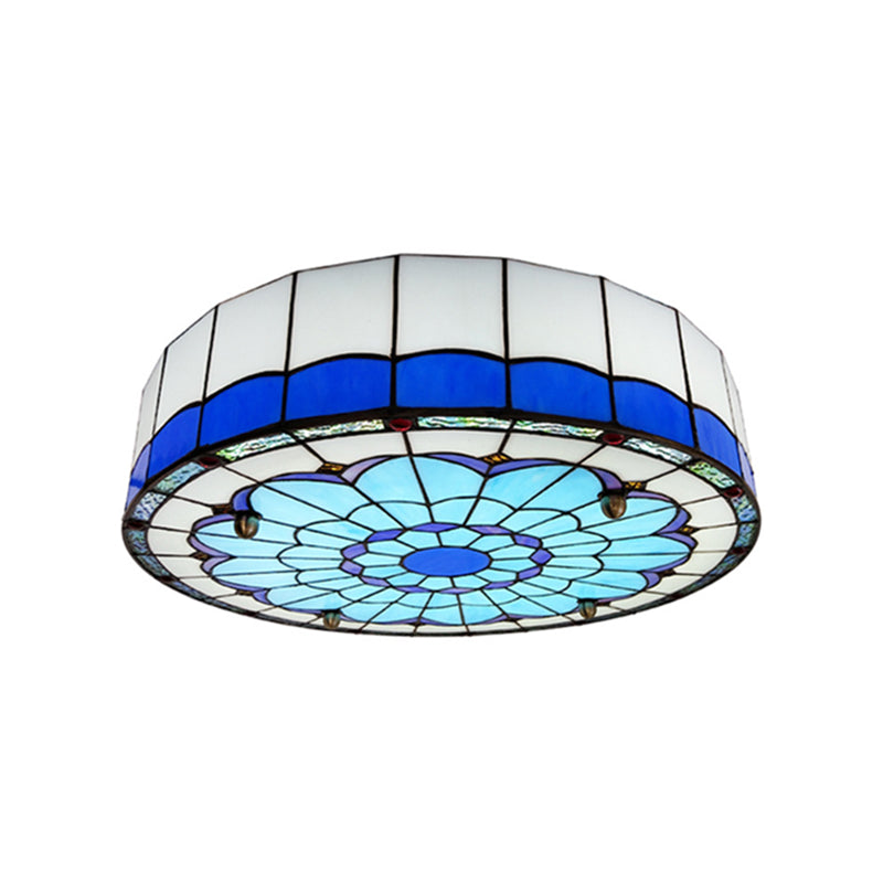Drum Ceiling Mount Light Mediterranean Stained Glass Flush Mount Fixture for Bedroom