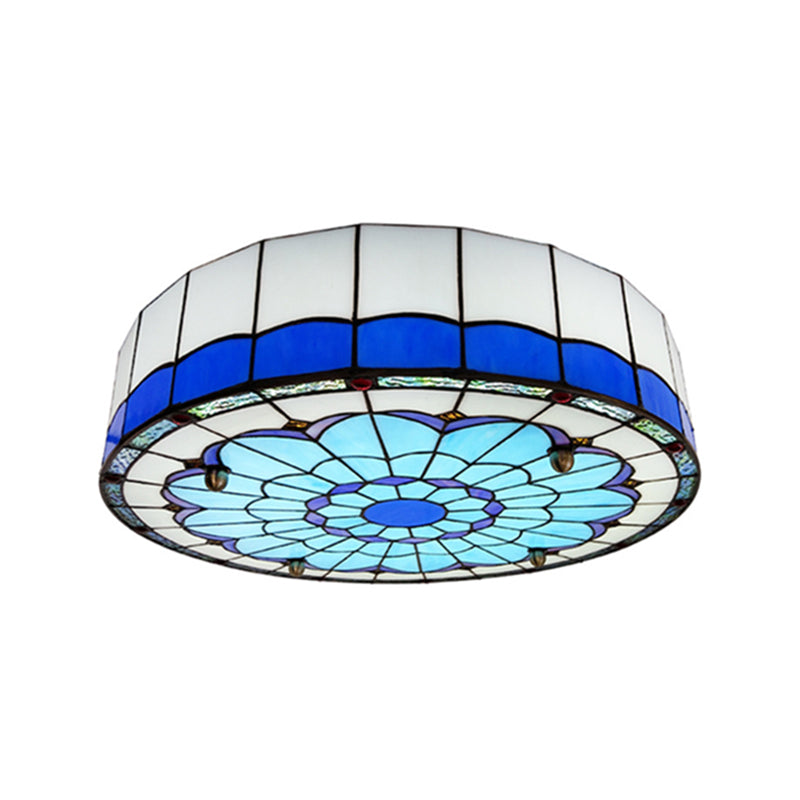 Drum Ceiling Mount Light Mediterranean Stained Glass Flush Mount Fixture for Bedroom