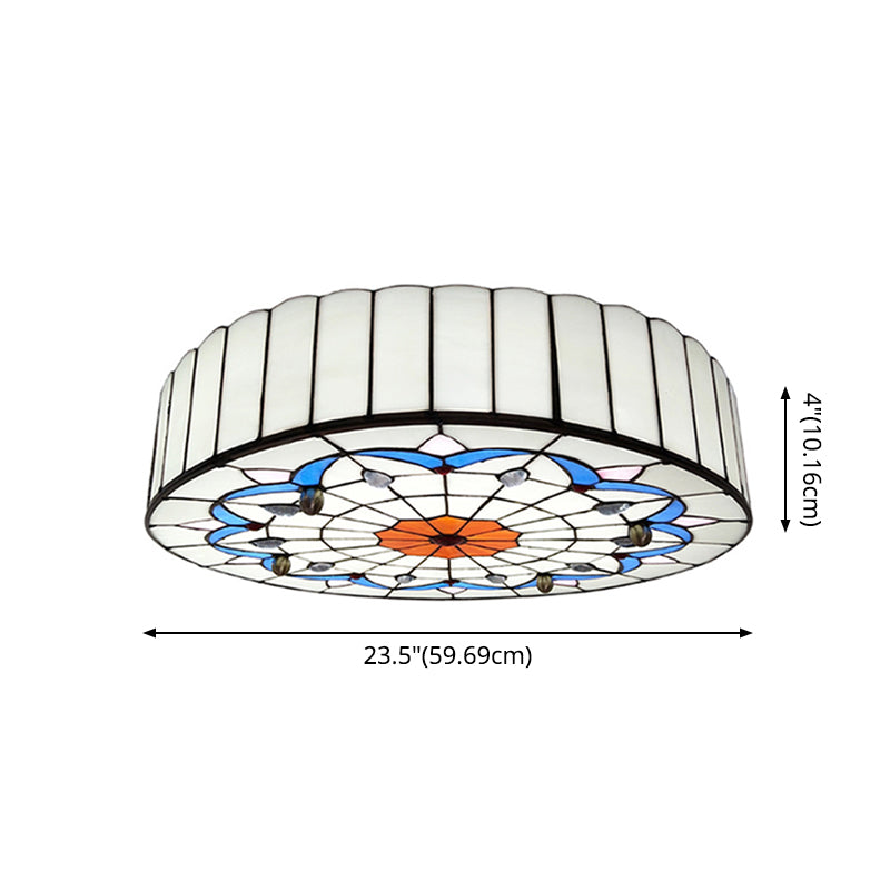Drum Ceiling Mount Light Mediterranean Stained Glass Flush Mount Fixture for Bedroom