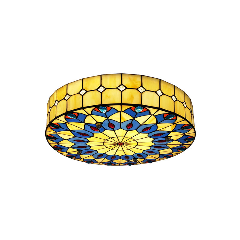 Drum Ceiling Mount Light Mediterranean Stained Glass Flush Mount Fixture for Bedroom