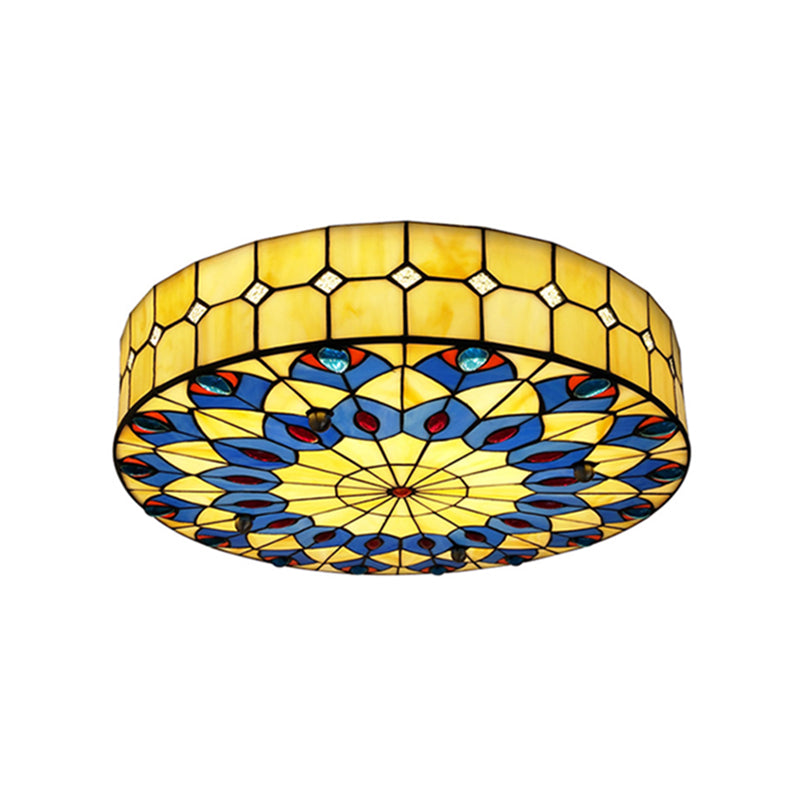 Drum Ceiling Mount Light Mediterranean Stained Glass Flush Mount Fixture for Bedroom
