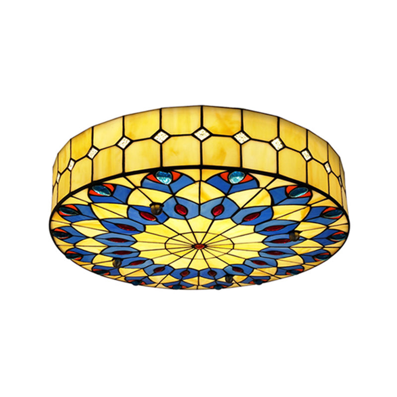 Drum Ceiling Mount Light Mediterranean Stained Glass Flush Mount Fixture for Bedroom