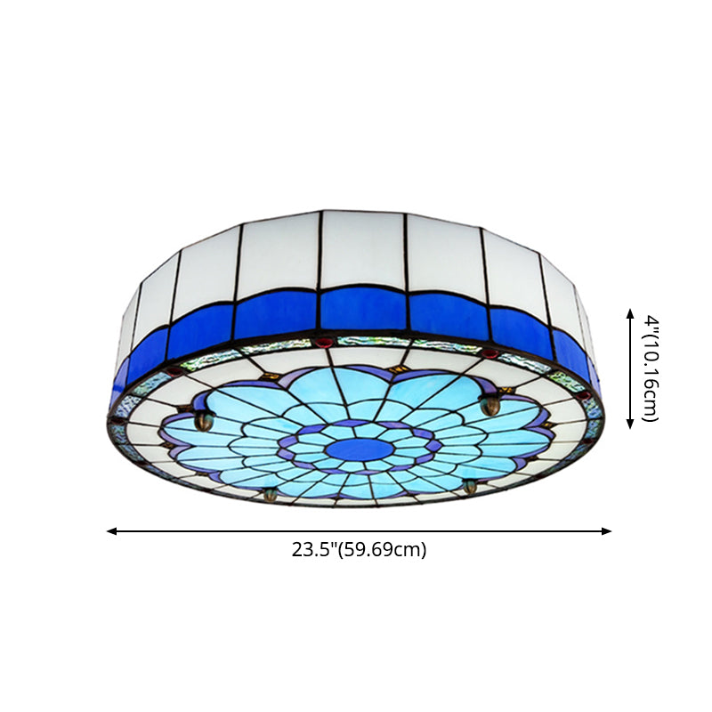 Drum Ceiling Mount Light Mediterranean Stained Glass Flush Mount Fixture for Bedroom