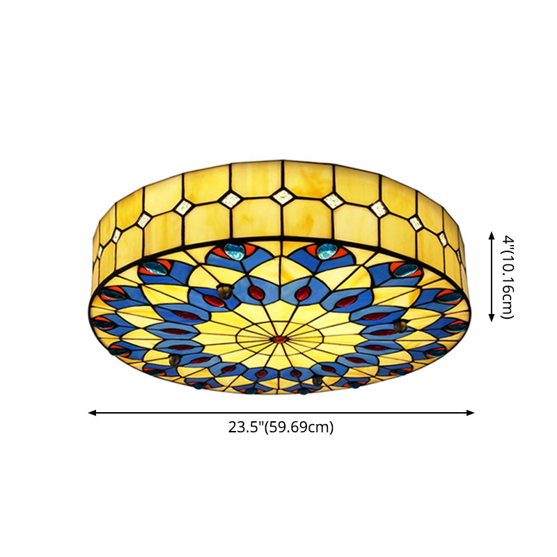 Drum Ceiling Mount Light Mediterranean Stained Glass Flush Mount Fixture for Bedroom