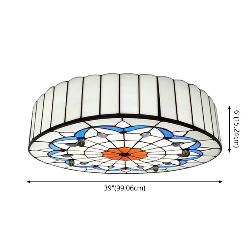 Drum Ceiling Mount Light Mediterranean Stained Glass Flush Mount Fixture for Bedroom