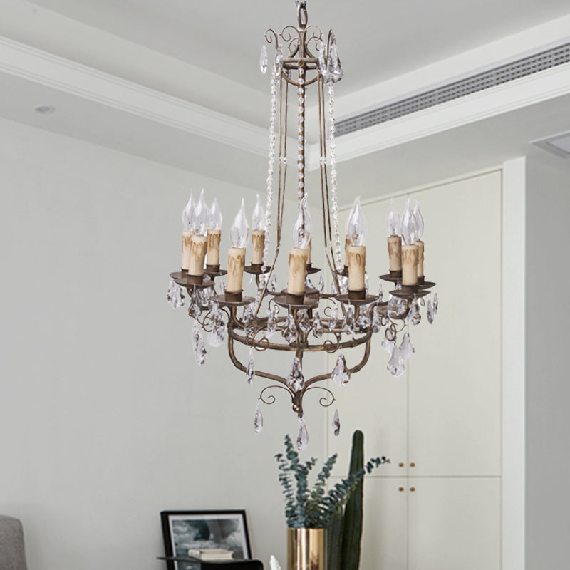 Crystal Candle Ceiling Chandelier Traditional 12 Lights Living Room Pendant Lighting in Bronze