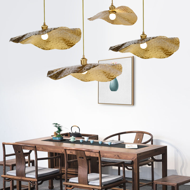 Golden Bronze 1 Light Lotus Leaf Shaped Ceiling Pendant Mid-Century Metal Hanging Lamp for Restaurant