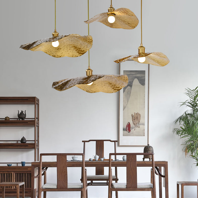 Golden Bronze 1 Light Lotus Leaf Shaped Ceiling Pendant Mid-Century Metal Hanging Lamp for Restaurant
