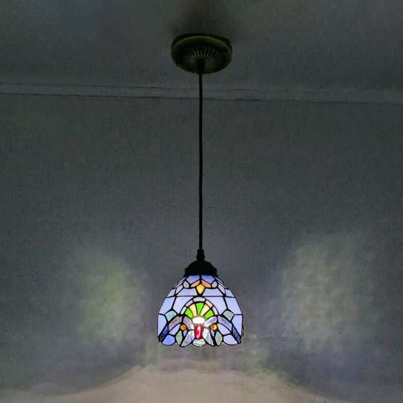 Bowl Pendant Light Tiffany-Style 1 Light Stained Glass Hanging Lamp for Dining Room