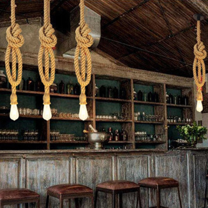 Exposed Bulb Natural Rope Pendant Light Vintage Industrial Restaurant Hanging Light Fixtures