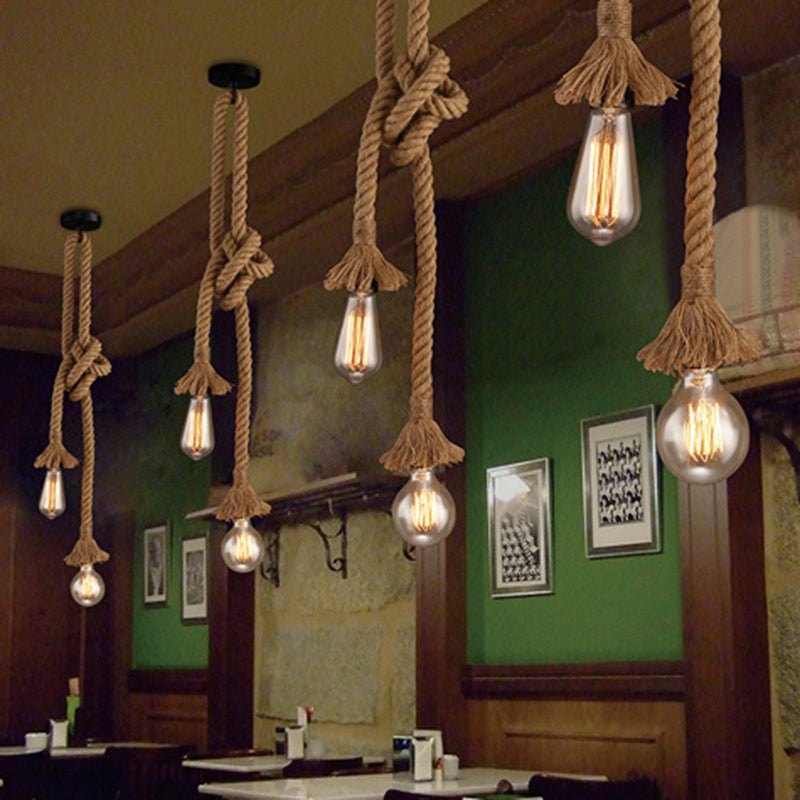 Exposed Bulb Natural Rope Pendant Light Vintage Industrial Restaurant Hanging Light Fixtures