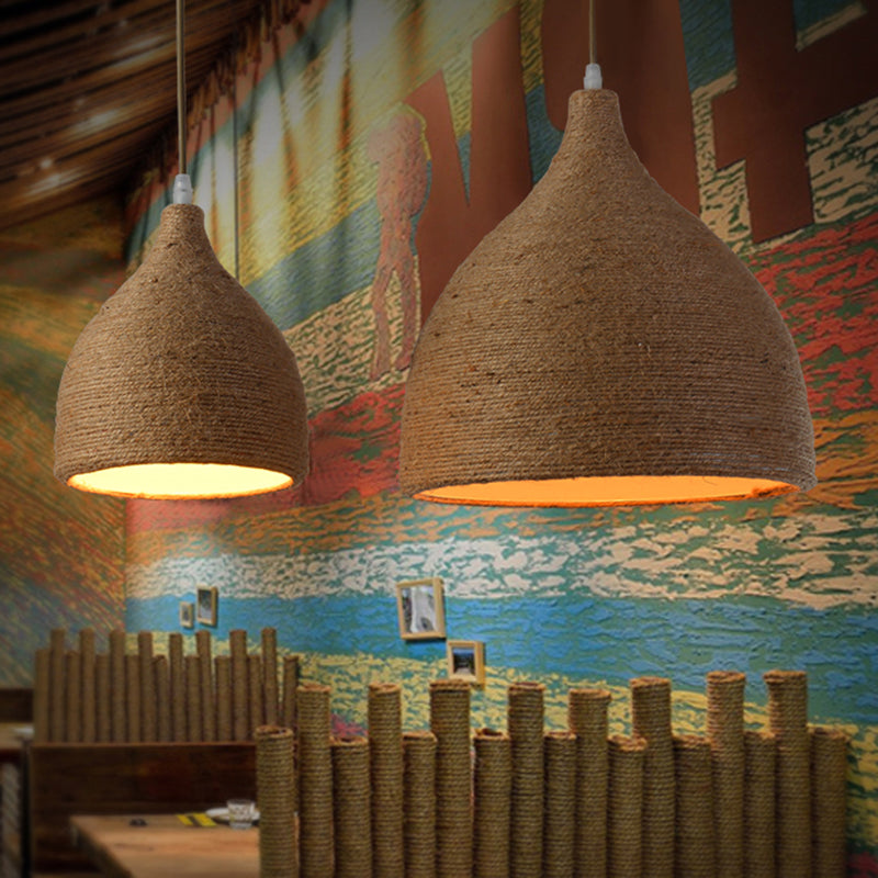 1 Light Beige Rope Pendant Light Retro Industrial Teardrop Hanging Lamp for Dining Room