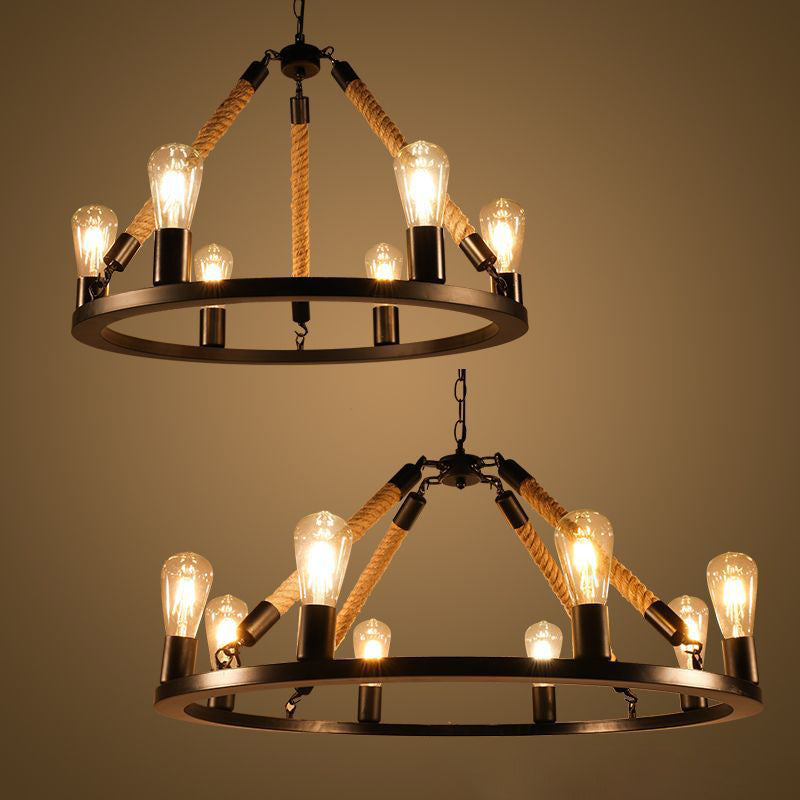 Industrial Art Rope Hanging Chandelier Light Circular Black Metal Exposed Bulb Drop Lamp