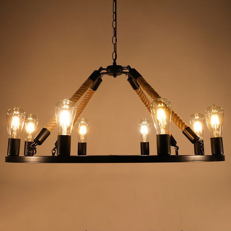 Industrial Art Rope Hanging Chandelier Light Circular Black Metal Exposed Bulb Drop Lamp