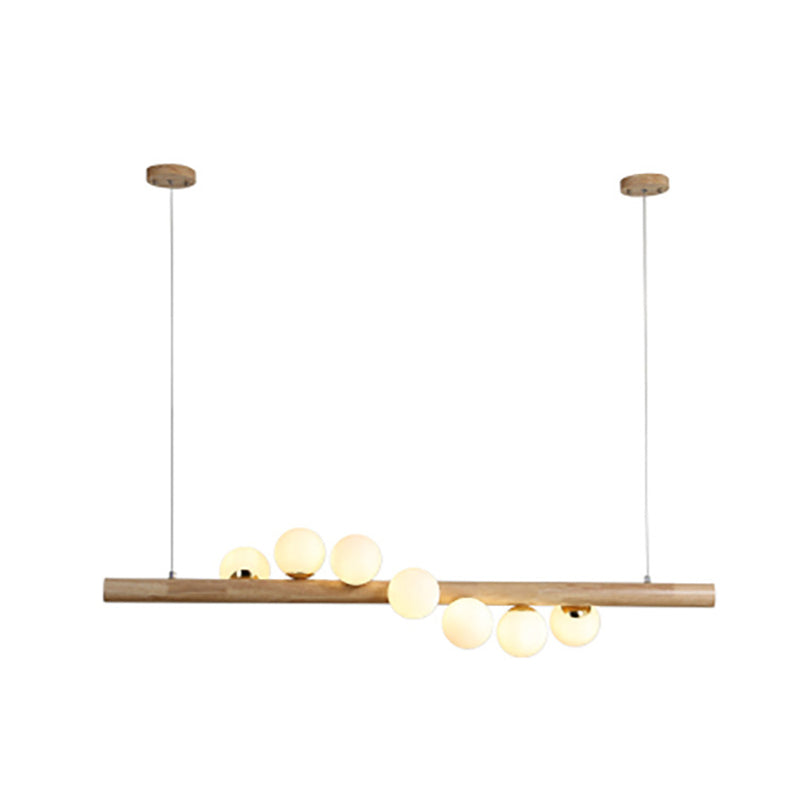Nordic Linear Wood Island Pendant with Globe Shape Glass Island Light in Beige for Dining Room