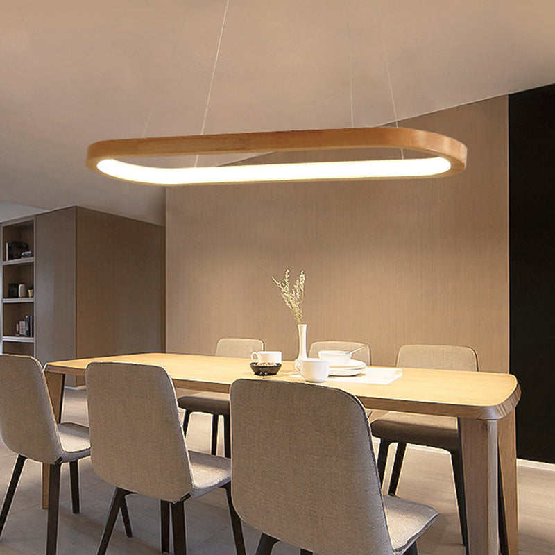 Modern Minimalist Oval Island Light LED Wooden Strip Restaurant Pendant Lighting
