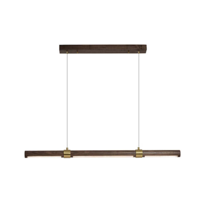 Nordic Linear Wood Island Pendant LED Strip Island Light in Brown for Dining Table
