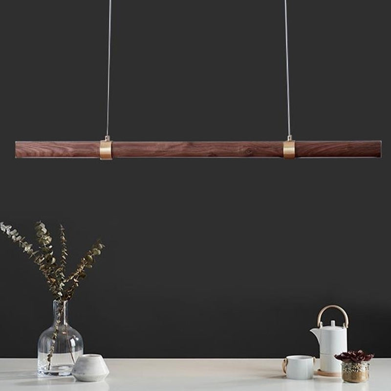 Nordique Linear Wood Island Pendant LED Strip Island Light en marron pour table à manger