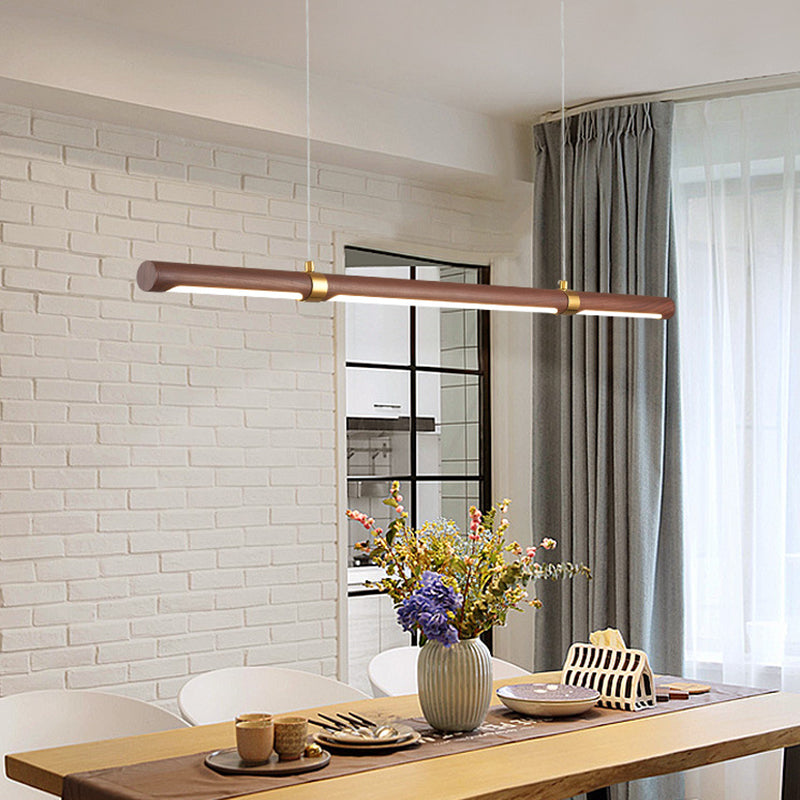 Nordique Linear Wood Island Pendant LED Strip Island Light en marron pour table à manger