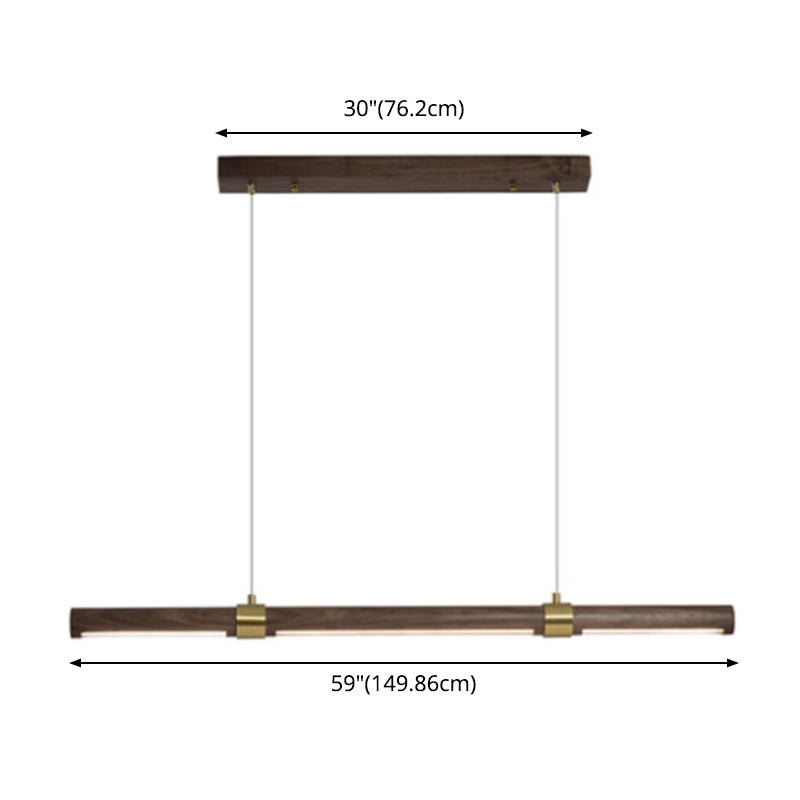 Nordic Linear Wood Island Pendant LED Strip Island Light in Brown for Dining Table