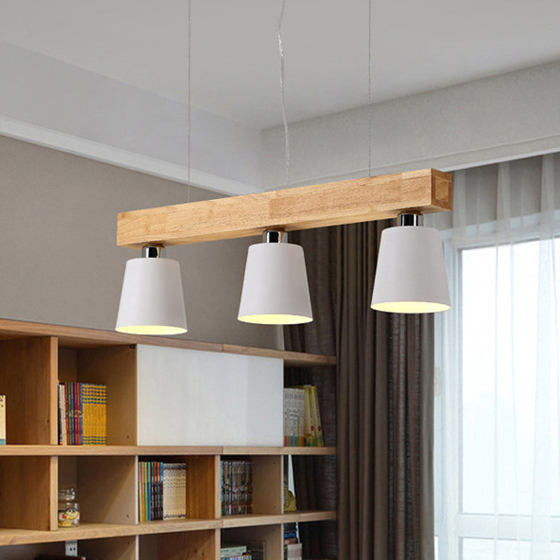 Nordic Modern Wood Island Pendant with Tapered Metal Lampshade Work Room Hanging Lamp