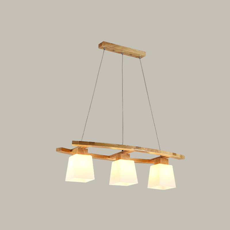Nordic Personality Wood Island Pendant with Trapezoidal Glass Lampshade Dining Table Hanging Lamp