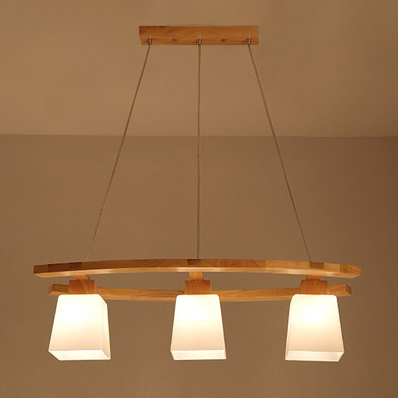 Nordic Personality Wood Island Pendant with Trapezoidal Glass Lampshade Dining Table Hanging Lamp