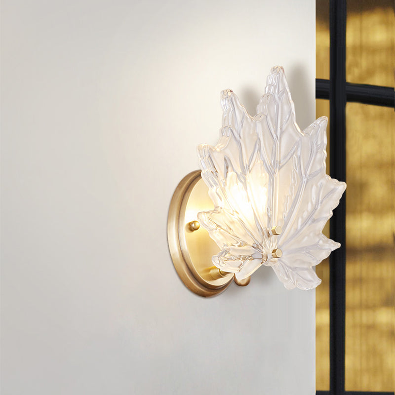 Maple Leaf Bedroom Wall Light Clear Crystal 1 Head Contemporary Wall Sconce Fixture with Round Backplate in Gold