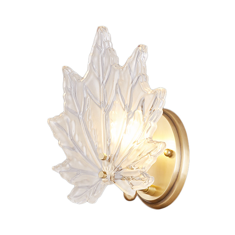 Maple Leaf Bedroom Wall Light Clear Crystal 1 Head Contemporary Wall Sconce Fixture with Round Backplate in Gold