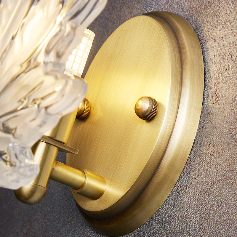 Maple Leaf Bedroom Wall Light Clear Crystal 1 Head Contemporary Wall Sconce Fixture with Round Backplate in Gold