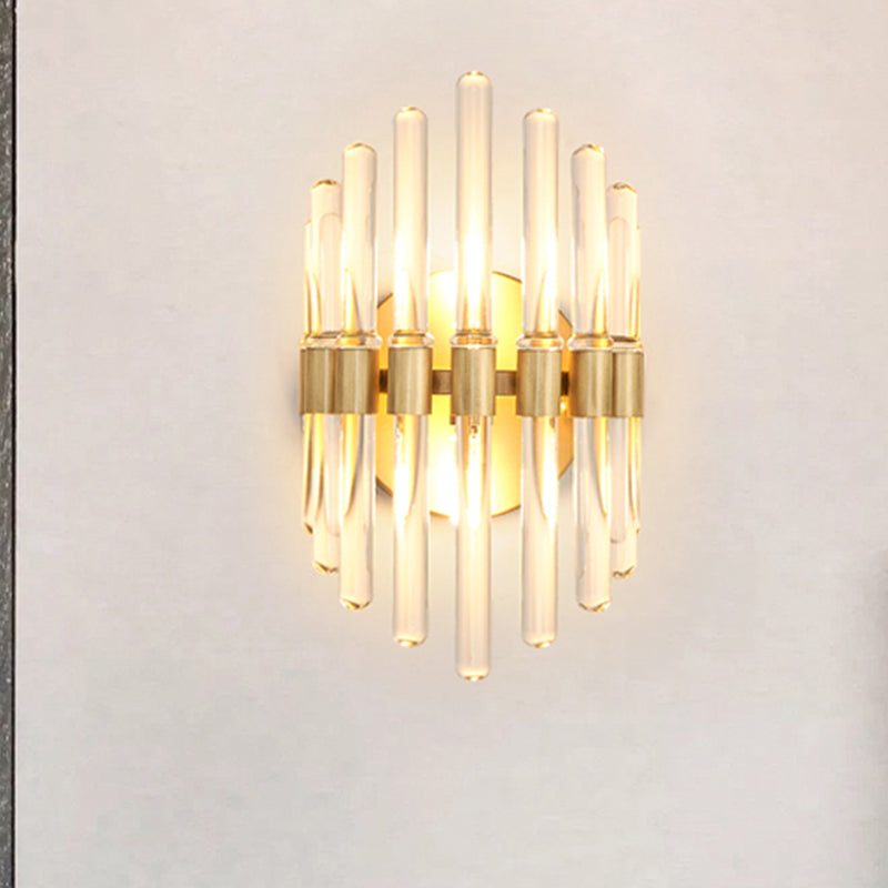Tubular Wall Light Sconce Modern Style Clear Crystal 2 Bulbs Gold Finish Wall Sconce Light for Living Room