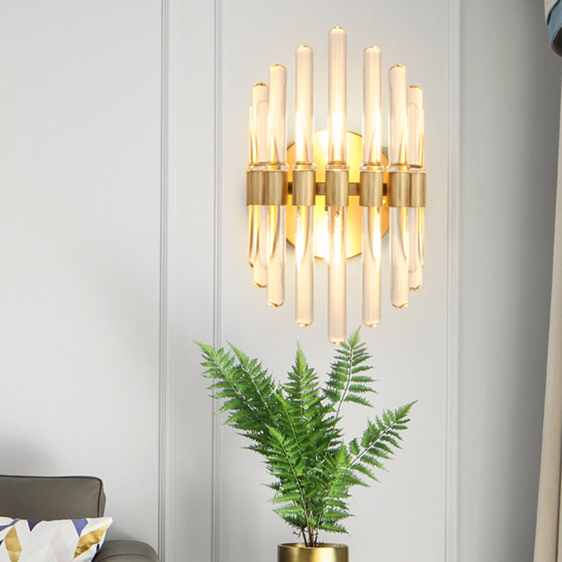 Tubular Wall Light Sconce Modern Style Clear Crystal 2 Bulbs Gold Finish Wall Sconce Light for Living Room