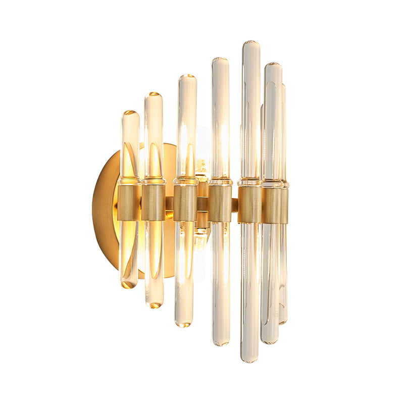 Tubular Wall Light Sconce Modern Style Clear Crystal 2 Bulbs Gold Finish Wall Sconce Light for Living Room