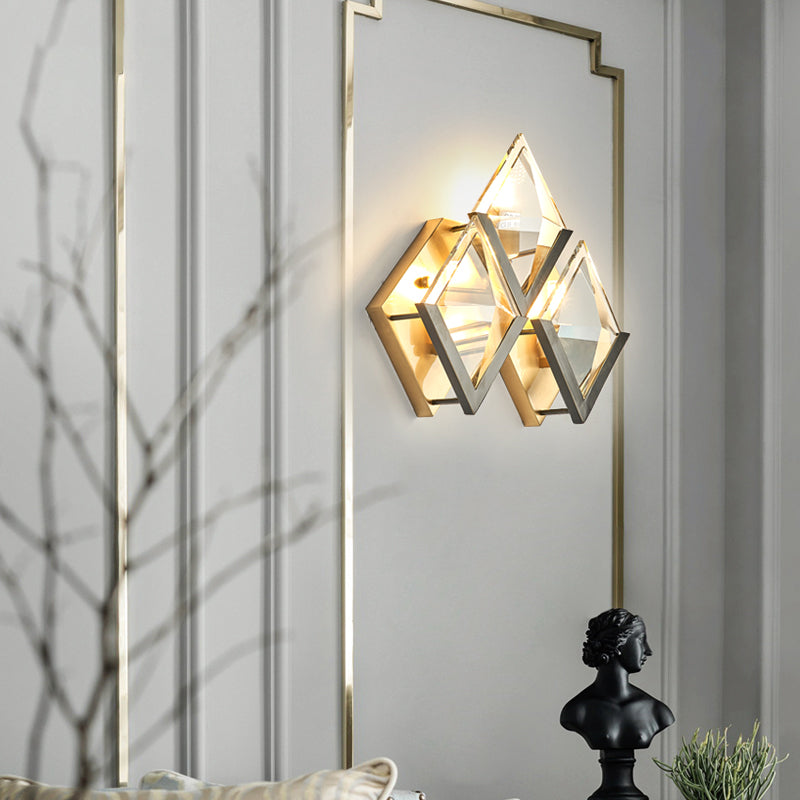 Rhombus Shaped Wall Lighting Modern Style Clear Crystal and Metal 3 Lights Golden Wall Sconce Light
