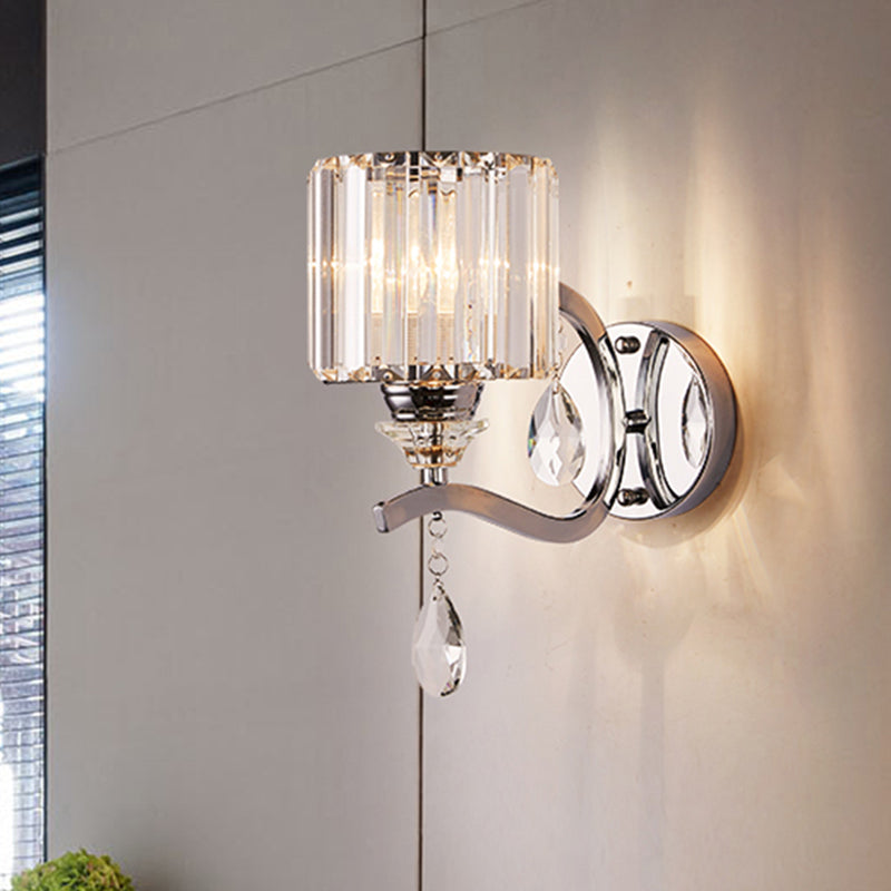 Cilinder Wandlicht SCONCE Modern kristalblok 1 licht Slaapkamer Wandgemonteerd licht in Chrome