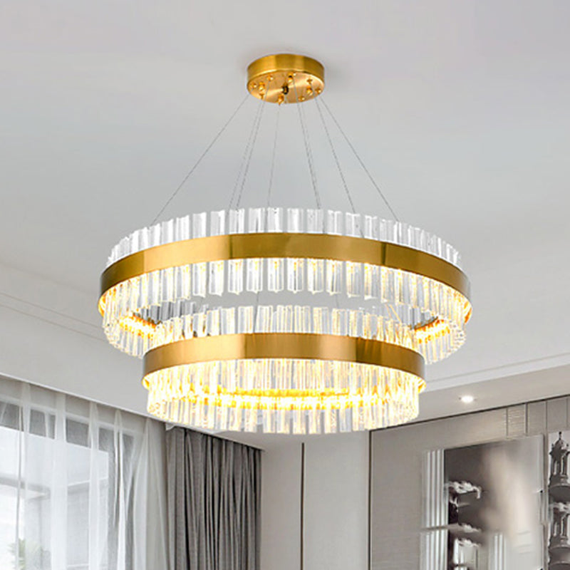 2 Tiers Living Room Hanging Lamp Three Side Crystal Rod Postmodern 23.5"/31.5" Wide LED Hanging Light in Gold