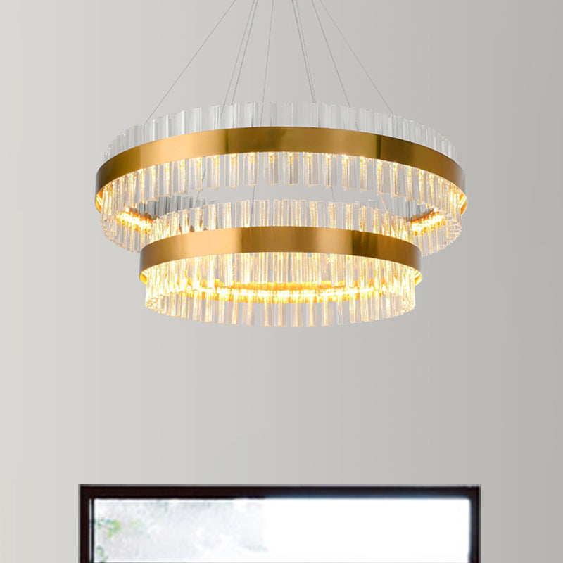 2 Tiers Living Room Hanging Lamp Three Side Crystal Rod Postmodern 23.5"/31.5" Wide LED Hanging Light in Gold