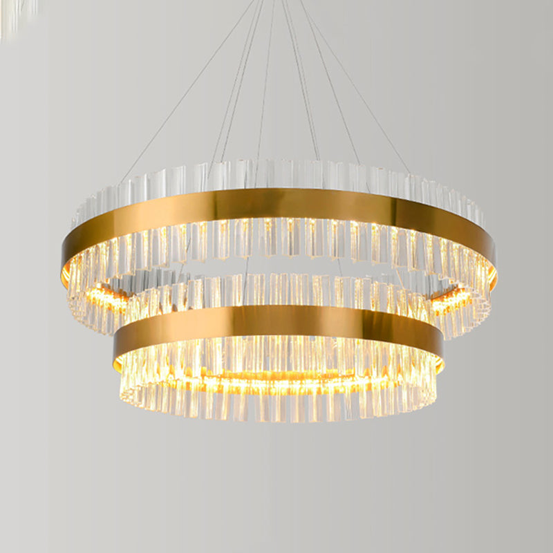2 Tiers Living Room Hanging Lamp Three Side Crystal Rod Postmodern 23.5"/31.5" Wide LED Hanging Light in Gold