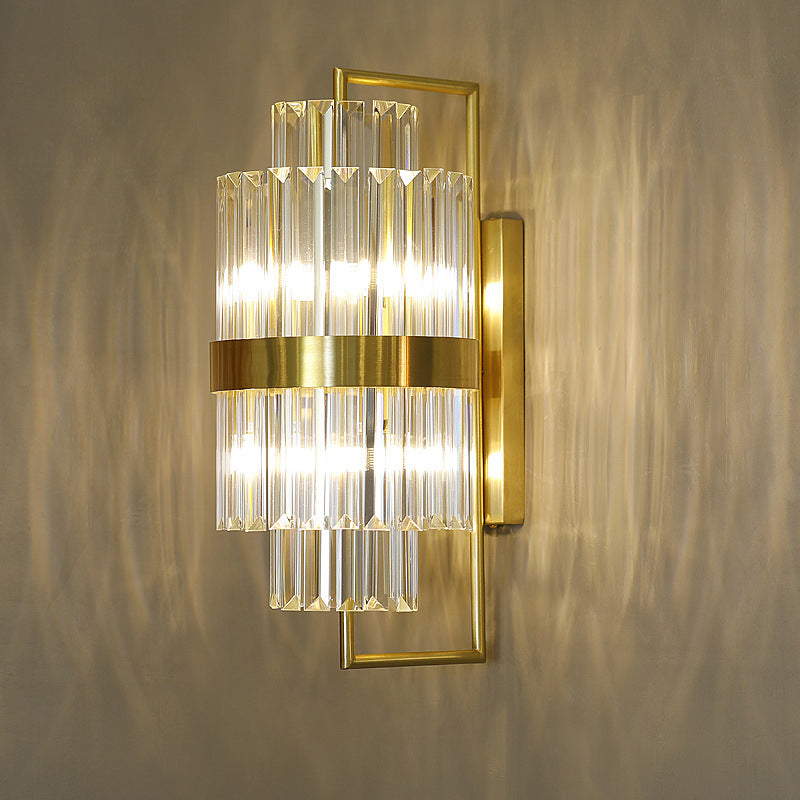 Cylinder Wall Light Sconce Postmodern Crystal Block 2 Lights Corridor Sconce Light in Gold