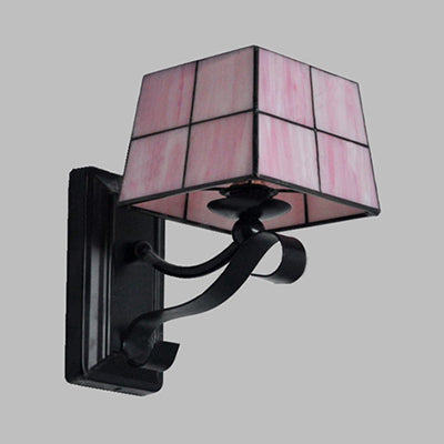 Pink/Blue/Beige Square Wall Light Tiffany Style Stained Glass 1 Light Wall Mount Fixture for Bedroom