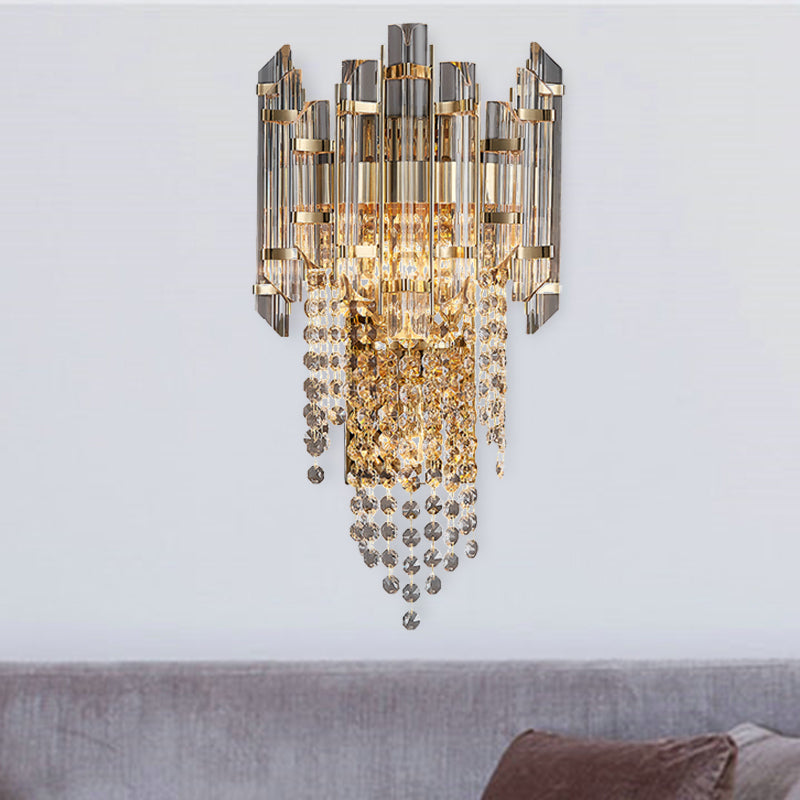 Beaded Wall Sconce Light Modern Crystal 2 Lights Smoke Grey Wall Mount Light for Living Room