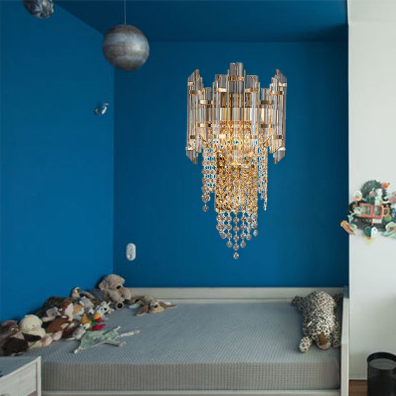 Beaded Wall Sconce Light Modern Crystal 2 Lights Smoke Grey Wall Mount Light for Living Room