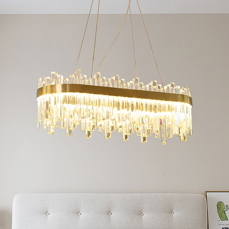 Oval Dining Room Hanging Lamp Kit Three Side Crystal Rod Postmodern LED Chandelier Light in Gold