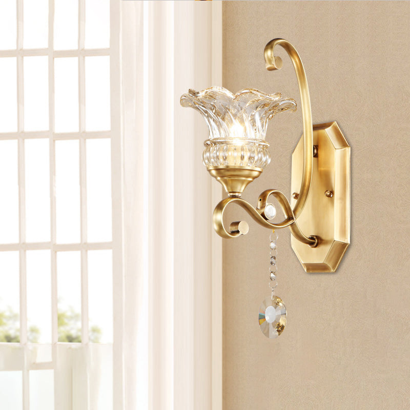 Flower Sconce Light Fixture Modern Clear Glass 1/2 Lights Brass Wall Lamp with Crystal Accent