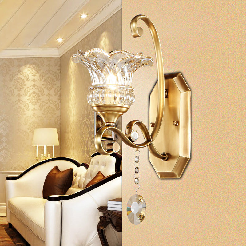 Flower Sconce Light Fixture Modern Clear Glass 1/2 Lights Brass Wall Lamp with Crystal Accent