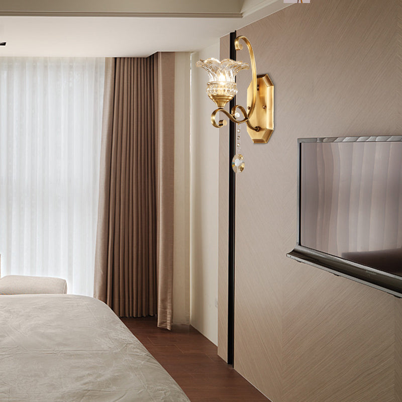 Flower Sconce Light Fixture Modern Clear Glass 1/2 Lights Brass Wall Lamp with Crystal Accent