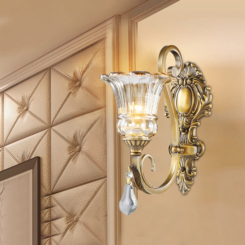 Flower Bedroom Wall Mount Light Clear Glass 1/2 Heads Contemporary Sconce Light in Brass with Crystal Drop